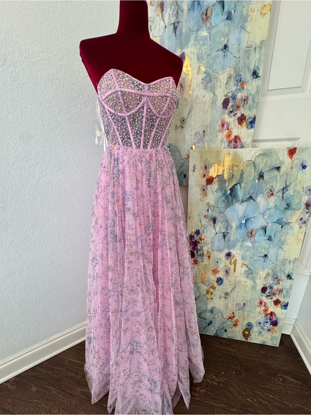 🦄🔥 NWT Jovani Strapless Pink Beaded Tulle Evening Gown JVN36477